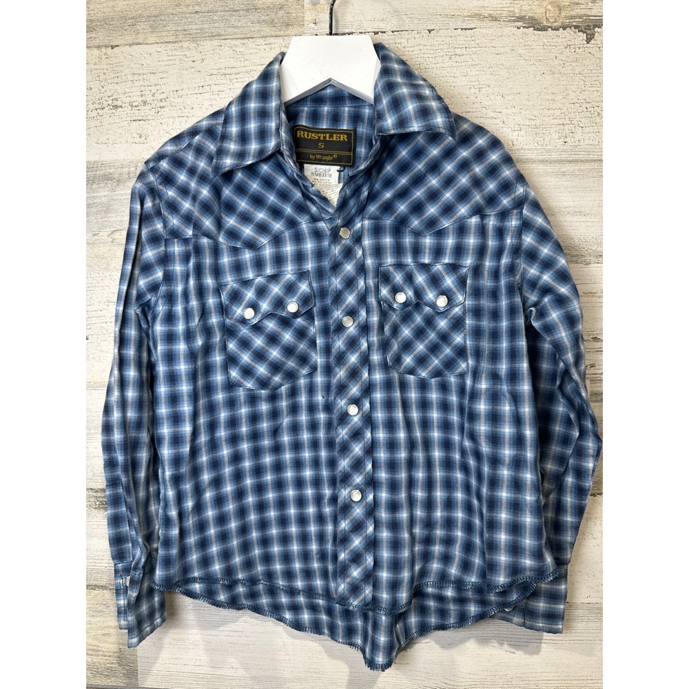 Rustler Plaid Western Snap Shirt Boys Small Blue White Pearl Snap *Flawed